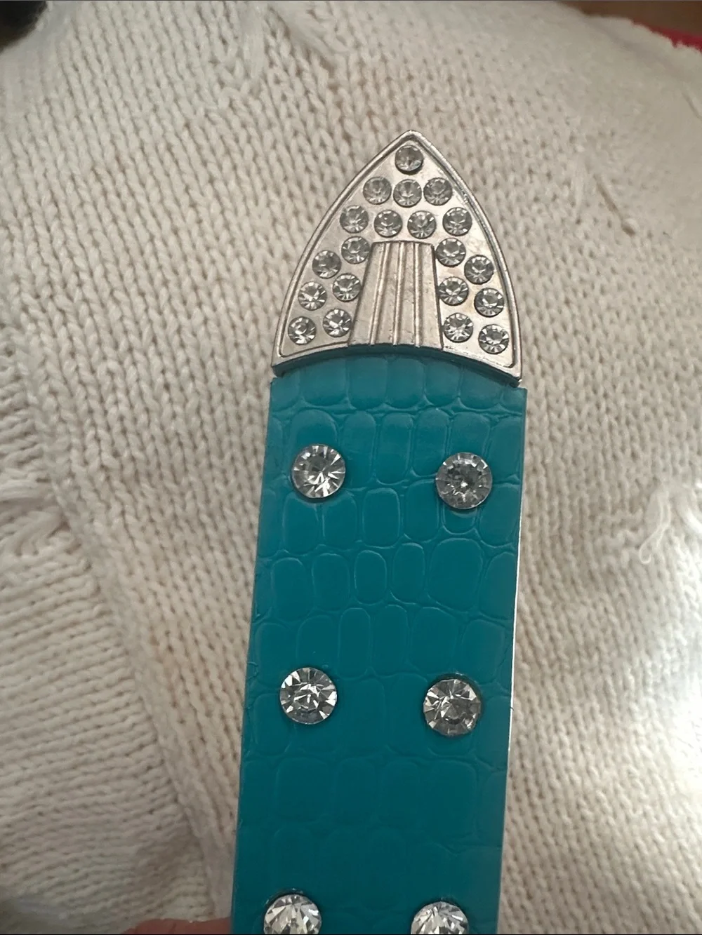 Women’s Belt Teal Rhinestone Croc Embossed Western Bling Crystal Faux Leather